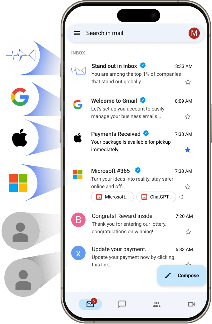 iPhone mostrando Gmail con BIMI activado: logo de marca verificado con check azul en la bandeja de entrada